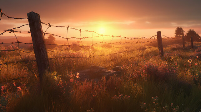 boundary barbed wire on meadow country sunset background ,world environment day concept,  Generative AI , illustration
