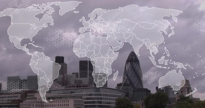 Animation of world map and data processing over london cityscape