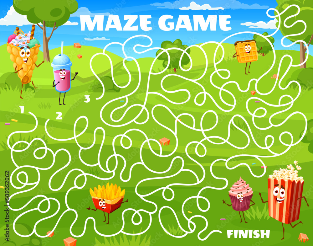 Poster labyrinth kids maze, cartoon fast food and desserts characters, vector quiz game. popcorn with cupca