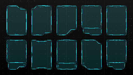 HUD display screen frames, info boxes and UI interface of future technology, vector digital panel borders. HUD tech hologram or dashboard screen frames and virtual info boxes or game text windows - obrazy, fototapety, plakaty