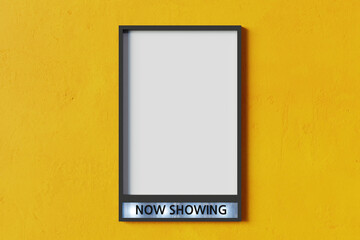 Now showing movie poster mockup on Yellow wall, 3d rendering