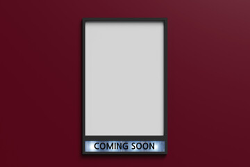 Coming soon movie poster mockup on red wall, 3d rendering