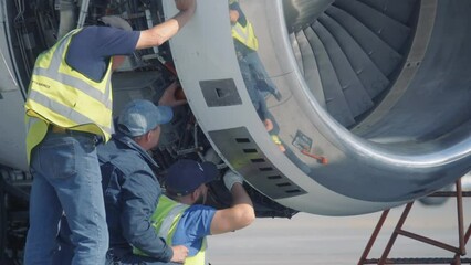 Aircraft mechanics and engineers diagnose and repairing jet engine through open hatch. Airplane turbine repair. - Powered by Adobe