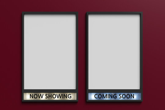 Now showing and Coming soon movie poster mockup on red wall, 3d rendering