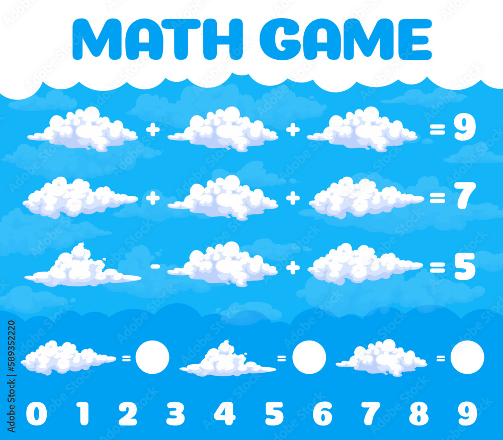 Poster cartoon white clouds in blue sky math game worksheet. vector mathematics riddle for children educati