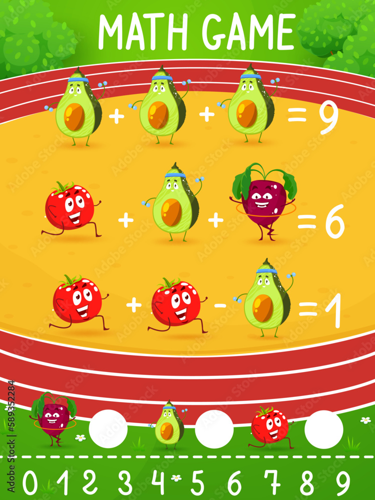 Poster math game worksheet cartoon avocado, tomato and beet characters on sport stadium, vector mathematics