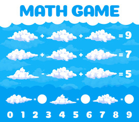 Cartoon white clouds in blue sky math game worksheet. Vector mathematics riddle for children education, learning arithmetic equations. Development of calculation skills, puzzle task to learn counting