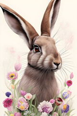 Beautiful rabbit with floral decor. Colorful wildlife portrait Poster for spring holidays, generative AI.	