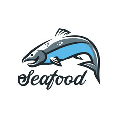 Salmon seafood icon with vector fish, sea and ocean animal. Sea food restaurant menu, market emblem or fishing sport club symbol with atlantic, chinook or coho salmon fish leaping with curved tail