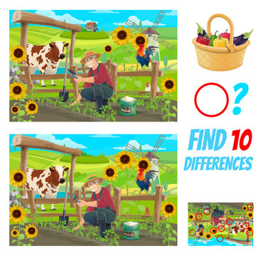 Find ten differences of farmer on field, kids game quiz and vector cartoon puzzle. Famer on farm garden with cow and rooster planting vegetables, kids puzzle worksheet to find differences on picture