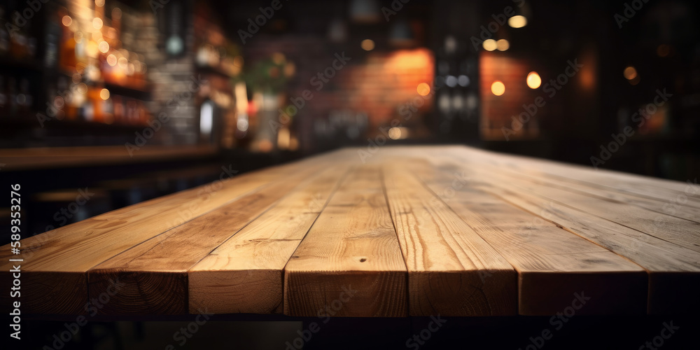 Poster an empty wooden counter table top for product display in a pub or bar. generative ai