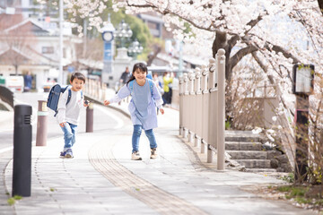 桜の下ではしゃぐ小学生 　cherry blossoms