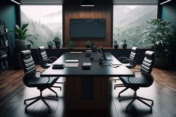 会議室　大きな会議用の机と椅子が並んだ会議専用の室内インテリア、重厚でエレガントなオフィス、企業、利益、金運を向上させる、ビジネスイメージ　Generative AI 