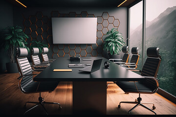 会議室　大きな会議用の机と椅子が並んだ会議専用の室内インテリア、重厚でエレガントなオフィス、企業、利益、金運を向上させる、ビジネスイメージ　Generative AI 