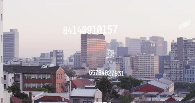 Animation of changing numbers over aerial view of modern buildings in background