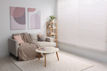 Stylish living room interior with sofa, coffee table and wooden shelf. Space for text