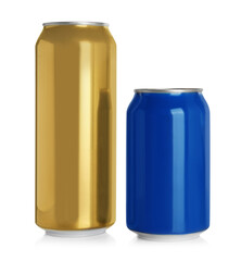 Aluminum cans with drinks on white background