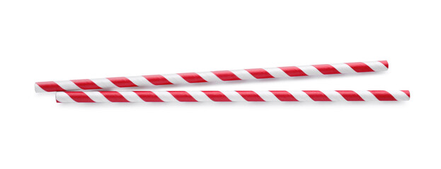 Striped paper cocktail straws on white background, top view