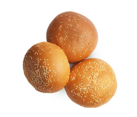 Fresh tasty buns with sesame seeds isolated on white, top view