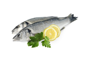 Fresh sea bass fish, lemon and parsley on white background