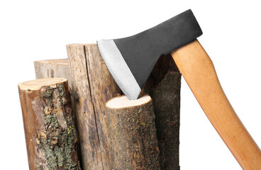 Metal ax and wood logs on white background