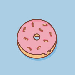 Strawberry flavor single donut vector illustration designed in flat cartoon style, isolated on blue background. Icon donut snack.