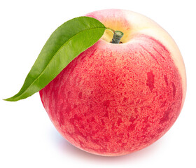 Pink Peach fruit with leaf isolated on white background, Fresh White Peach on White Background With clipping path.