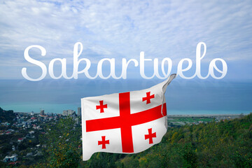 Word Sakartvelo meaning native name of Georgia over its national flag against beautiful landscape
