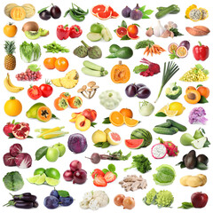 Many fresh fruits and vegetables on white background, collage design