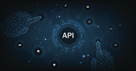 Application Programming Interface (API). Software development tool, information technology, modern technology, internet and networking concept on dark blue background.
