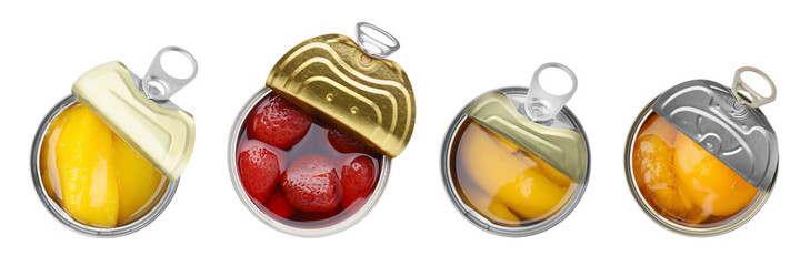Set of metal cans with different food on white background, top view