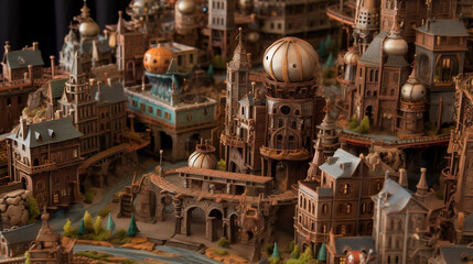 Tilt-shift landscape of Miniature Steampunk cities made with Generative Ai