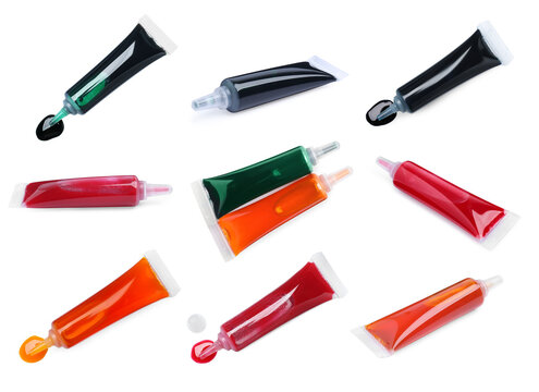 Collage of tubes with different food coloring isolated on white