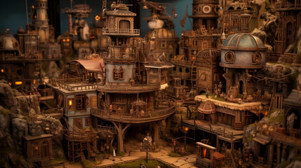 Fototapeta na wymiar Tilt-shift landscape of Miniature Steampunk cities made with Generative Ai