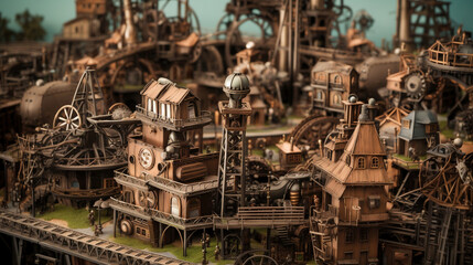 Fototapeta premium Tilt-shift landscape of Miniature Steampunk cities made with Generative Ai
