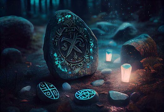 Fantasy dreamland stones with magical viking rune, fantasy cemetery in forest, Digital art. Magical runes, vivid color. Generative AI
