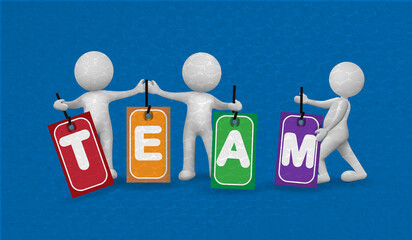 3D small people - team sign illustration textured blue background template