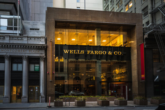 San Francisco,CA,USA. April 02 2023 : Morning exterior of Wells Fargo Bank headquarters on Montgomery Street in San Francisco's financial district.
