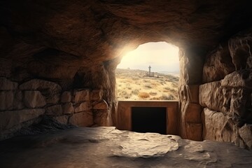 View from the stone inhabited cave with underground exit on the natural landscape made with generative AI