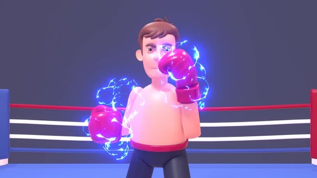 3d animation of a boxer in a ring using super powers, throwing electrical punches 