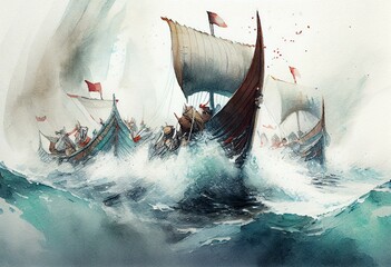 vikings in a big sea too many viking ships watercolour Generative AI - obrazy, fototapety, plakaty
