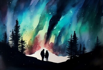 couple watching the northern lights watercolour Generative AI