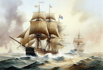 old british ship fighting old french ship watercolour Generative AI