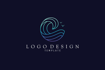 blue waves logo with seagull decoration in line art design style and dark blue background