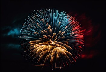red, blue, yellow fireworks, black background, in the town of blanes. Generative AI