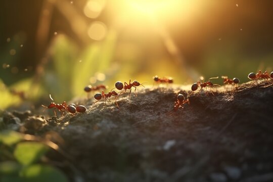a colony of ants walking on mossy logs in search of food. Ant macro photography. Generative Ai
