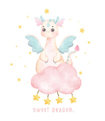 Adorable baby dragon on cloud watercolour, whimsical children animal nursery illustration