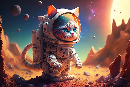 cat astronaut exploring alien planet