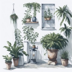 balcony with plants and windows in watercolor artstyle. Generative AI