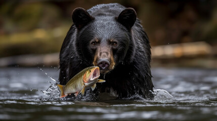 A black bear catching fish in the water